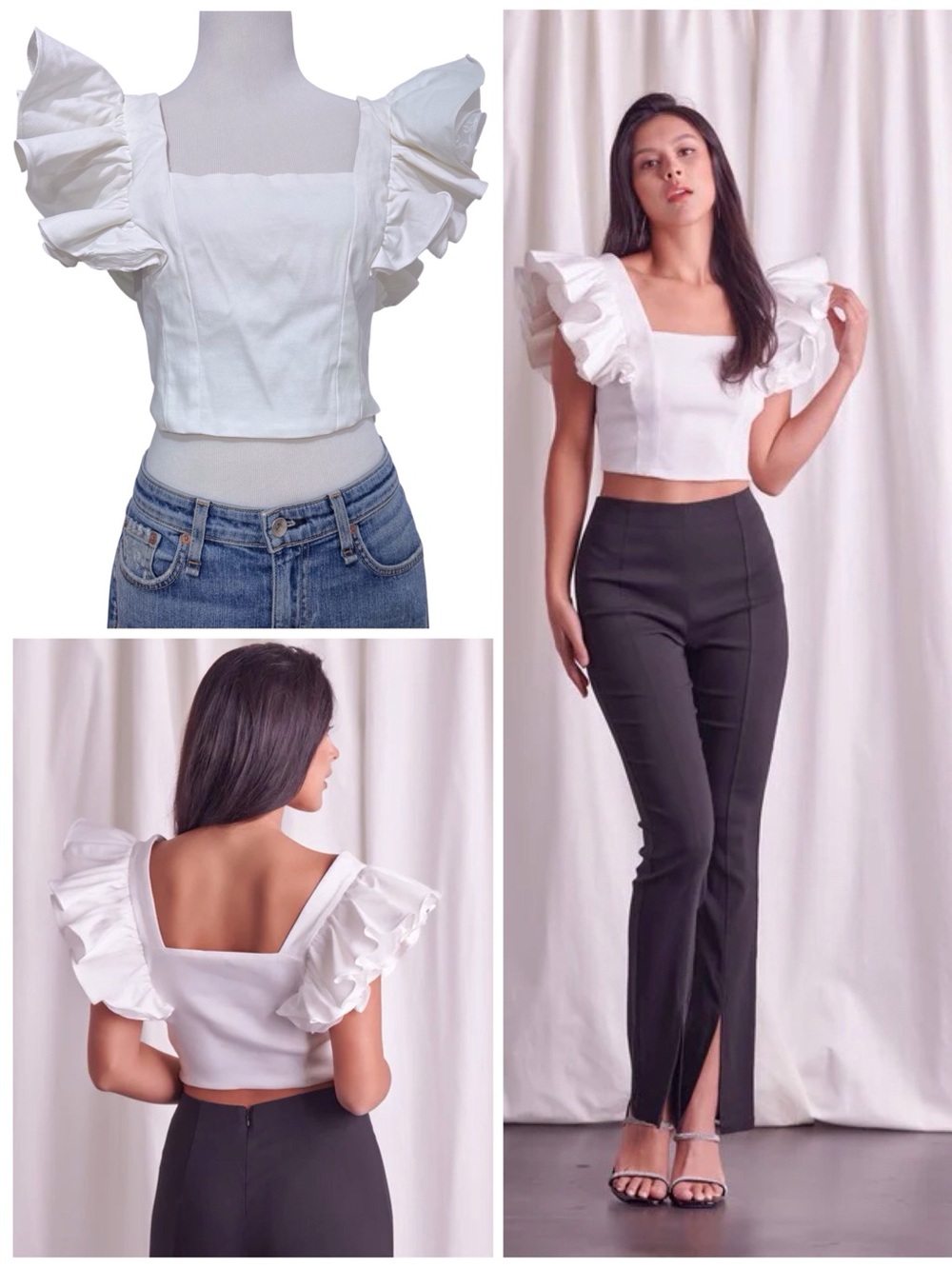 Do+Be OFF WHITE BAND RUFFLE SLEEVE DETAILED CROP TOP Blouse Size Medium